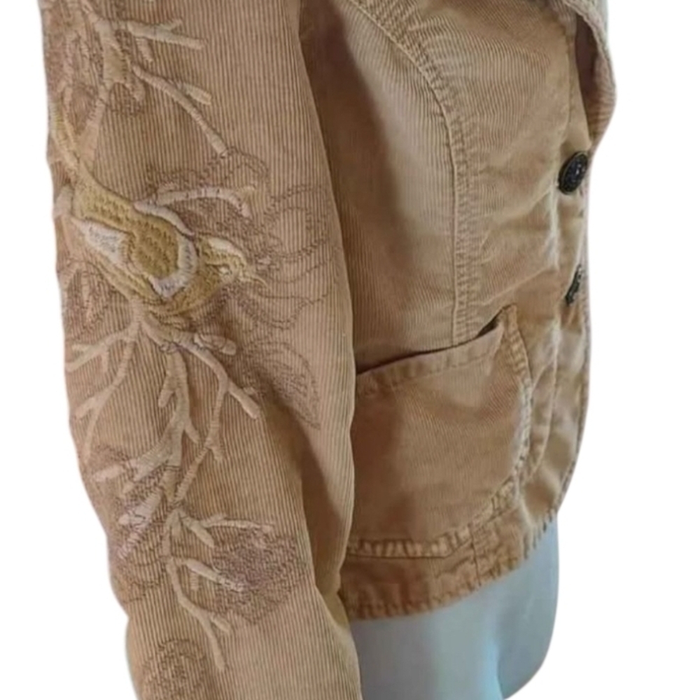 NWT Guess Jeans Tan Stretchy Corduroy Blazer with Fitted Waist And Embroidery ~S - Picture 3 of 7
